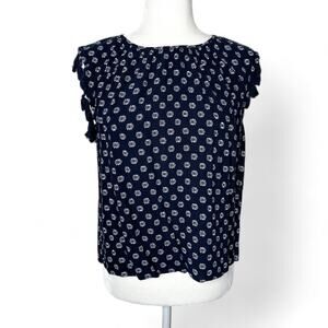 1.STATE Tassel Trim Sleeveless Gauzy Floral Top Navy Blue Small